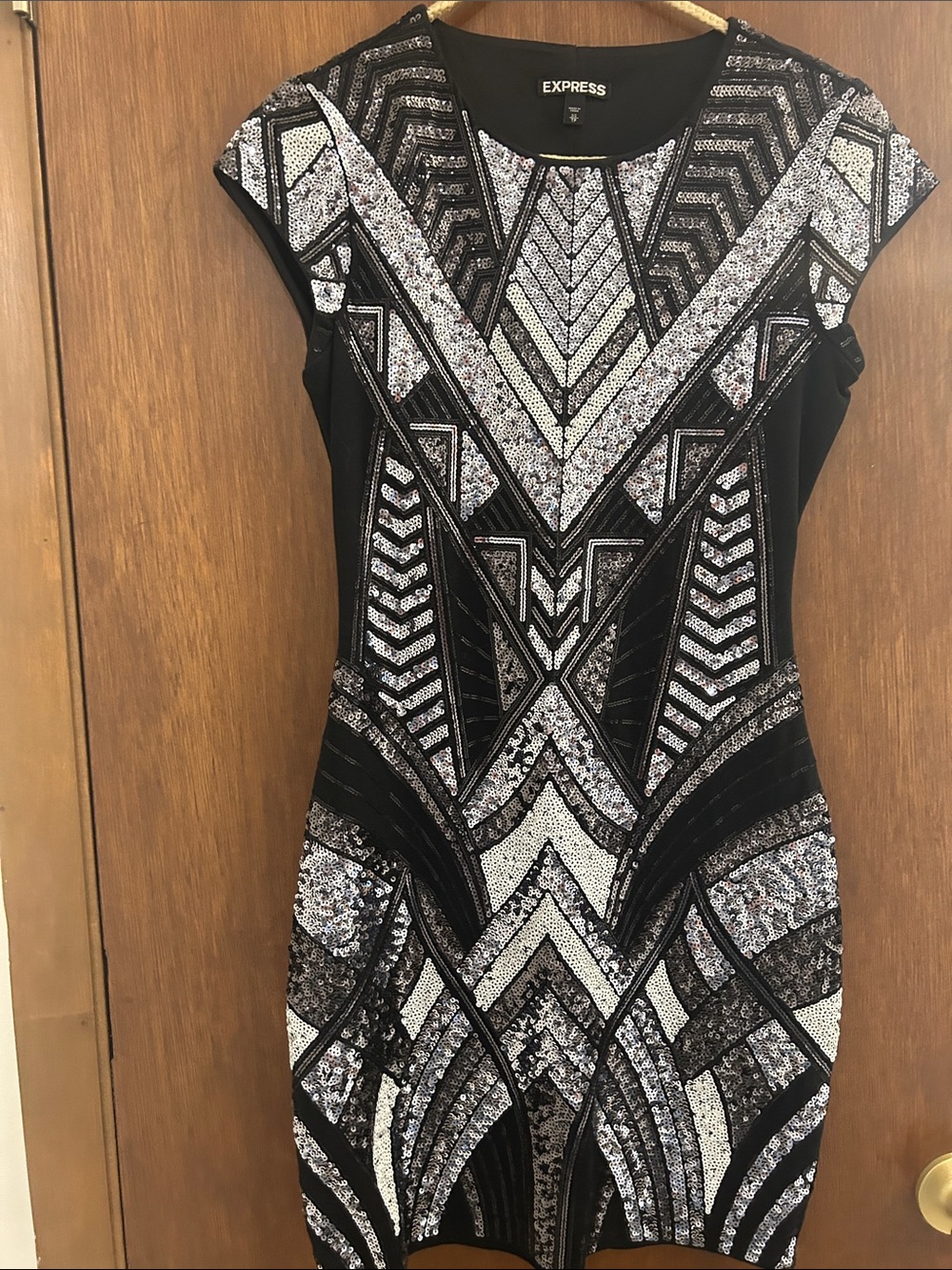 Express Black and Silver Sequin Geometric Mini Dress